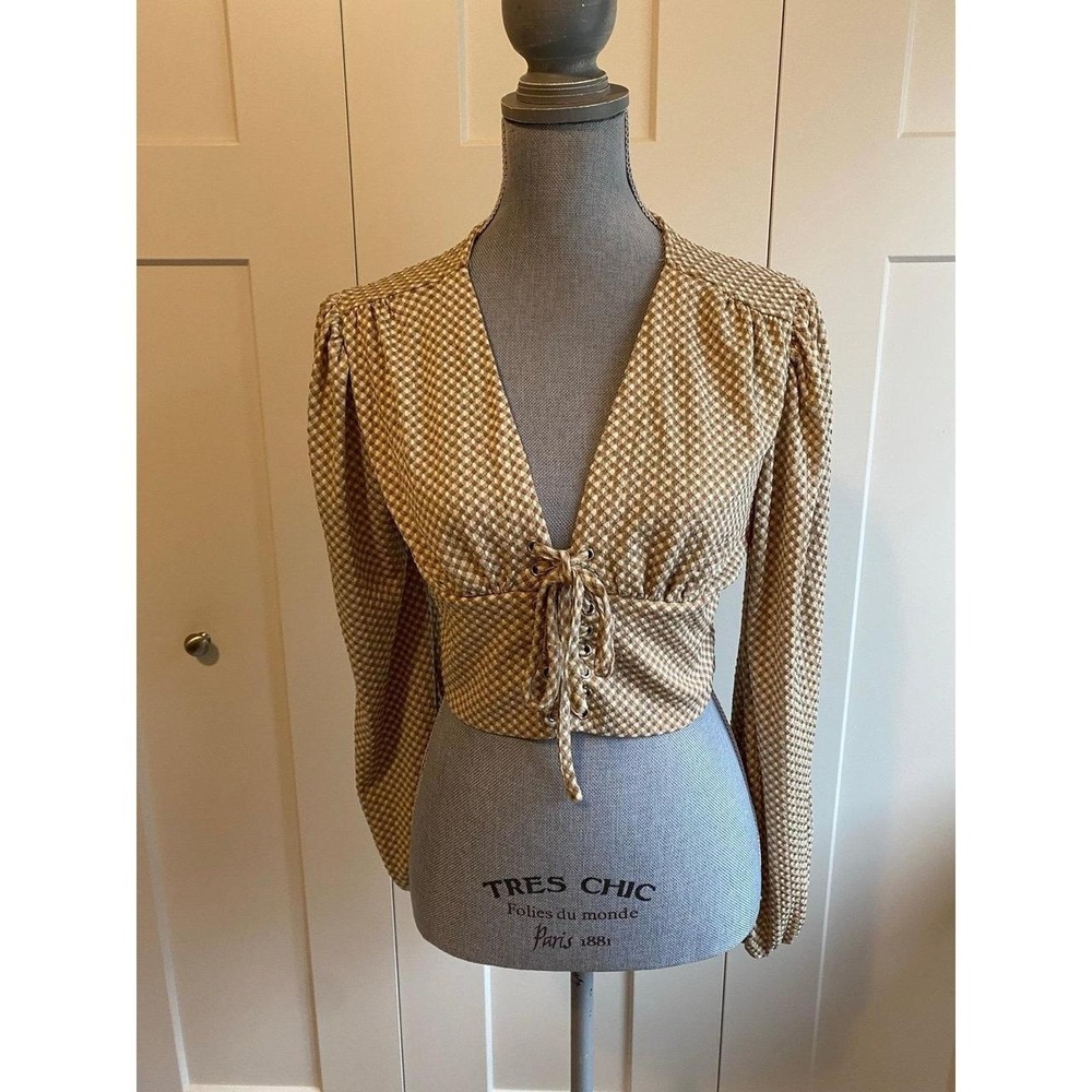 Cider Top Crop Women Medium Gingham Check Balloon Sleeve Indie Sleaze Y2K s10